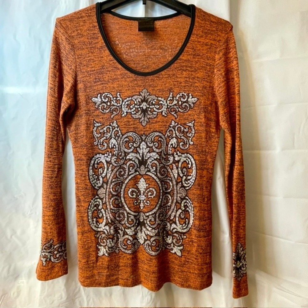 How Cute Burnt Orange Fleur De Lis Bling Graphic Long Sleeve Y2K Grunge Sz L